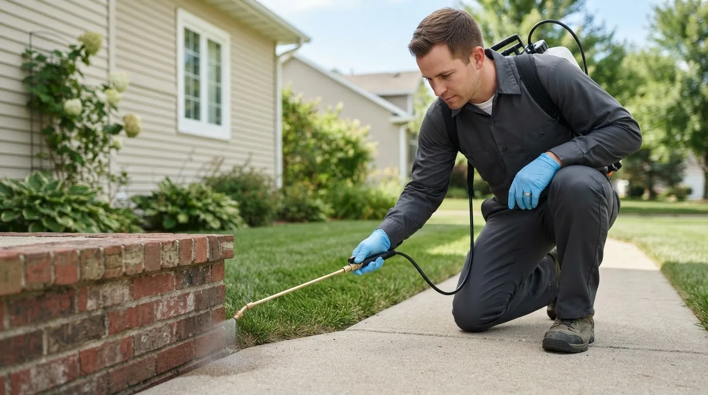 Pest control technician treating a home near Shields, ND